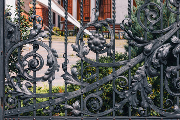 Wrought iron gate with decorative flower and leaf motifs 