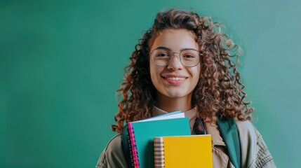 Obraz premium Happy female student with glasses, curly hair, holding educational materials, bright emerald background, studio photo