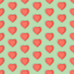 Heart shaped watermelon slices seamless pattern. Summer fruit vector illustration. Tropical fruit background for Valentines day, baby fabric, kids textile, packaging, wrapping, scrapbook, wallpaper.
