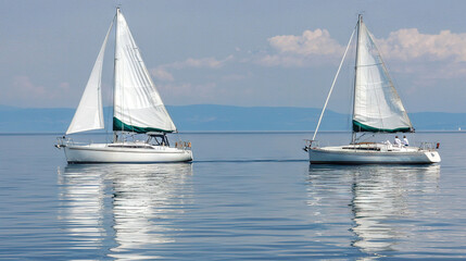 Obraz premium A pair of sailboats bobbing atop a vast expanse of water, set against towering mountain vistas