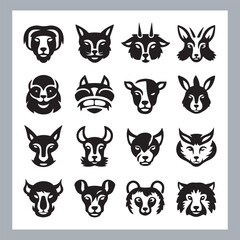 Set of silhouette logotype icons animal Lion, Elephant, Tiger, Giraffe, Kangaroo, Panda, Gorilla, dolphin, cat, deer, Polar Bear, Zebra, fox in white background