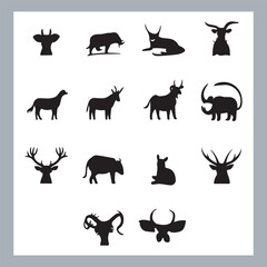 Set of silhouette logotype icons animal Lion, Elephant, Tiger, Giraffe, Kangaroo, Panda, Gorilla, dolphin, cat, deer, Polar Bear, Zebra, fox in white background