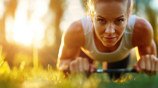 A powerful image of a woman doing push-ups during an outdoor fitness session, emphasizing her strength, determination, and commitment to a healthy and athletic lifestyle. - Powered by Adobe
