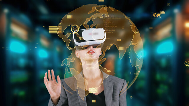 Woman pressing start opening analyze world finance data color green or orange through VR glasses turn around global interface digital infographic network technology virtual 3D animation. Contraption.
