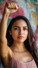 Fototapeta premium Female power: Latina woman raising fist for breast cancer awareness 