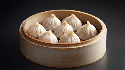 Steamed Chinese dumplings (gedza) in a bamboo steamer, presented against a dark background. The perfect shape and texture highlight the appetizing nature of the dish
