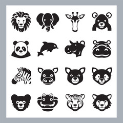 Set of silhouette logotype icons animal Lion, Elephant, Tiger, Giraffe, Kangaroo, Panda, Gorilla, dolphin, cat, deer, Polar Bear, Zebra, fox in white background