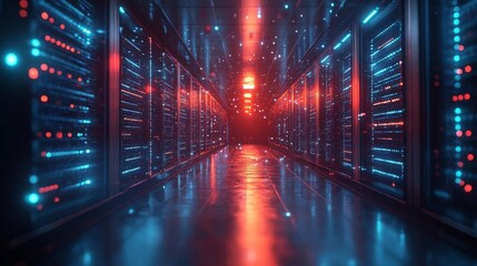 Holographic representations of secure data illuminate a high-tech server room, showcasing vibrant lights amid server racks.