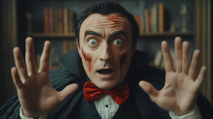 Dracula  with blood on face and hands.