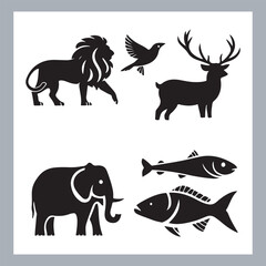 Set of silhouette logotype icons animal Lion, Elephant, Tiger, Giraffe, Kangaroo, Panda, Gorilla, dolphin, cat, deer, Polar Bear, Zebra, fox in white background