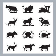 Set of silhouette logotype icons animal Lion, Elephant, Tiger, Giraffe, Kangaroo, Panda, Gorilla, dolphin, cat, deer, Polar Bear, Zebra, fox in white background