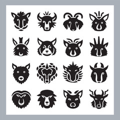 Set of silhouette logotype icons animal Lion, Elephant, Tiger, Giraffe, Kangaroo, Panda, Gorilla, dolphin, cat, deer, Polar Bear, Zebra, fox in white background