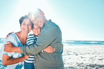 Beach, grandparents and hug of child, smile and portrait of mature woman with love for family or boy. Outdoor, grandma and care for kid, embrace or man on vacation to relax, fun or travel for holiday