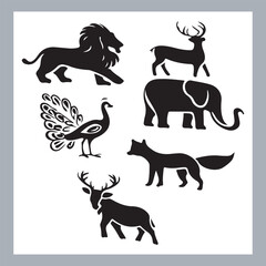 Set of silhouette logotype icons animal Lion, Elephant, Tiger, Giraffe, Kangaroo, Panda, Gorilla, dolphin, cat, deer, Polar Bear, Zebra, fox in white background