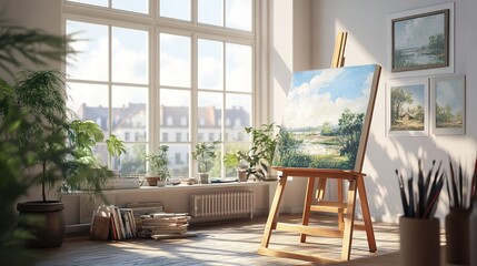 Obraz premium A serene studio space with an easel holding a partially completed landscape painting, surrounded by natural light streaming through large windows