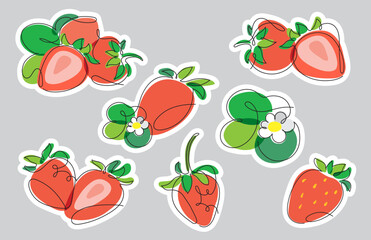 Vector set of stickers with stylized berries and strawberry leaves