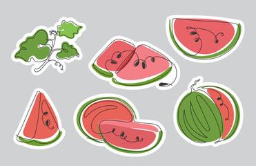 Stickers with cut stylized watermelons in one line in vector set