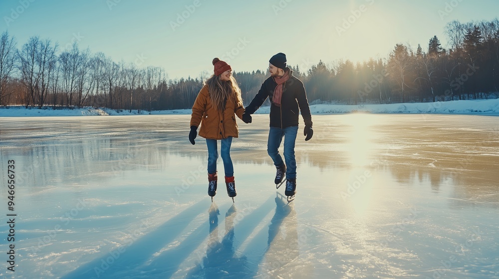 Poster Couple enjoying ice skating together on a frozen lake during a sunny winter afternoon