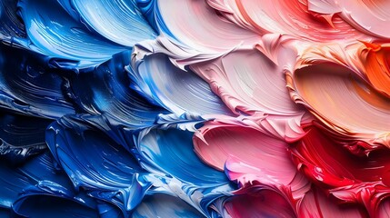 A painting of a colorful wave with blue, red, and pink colors