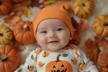 A adorable baby in a pumpkin themed Halloween outfit, surrounded by mini pumpkins and fall leaves and smiling