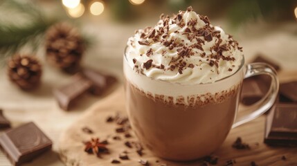 winter comfort food concept banner featuring rich hot chocolate garnished with whipped cream and chocolate shavings indulgence at its best