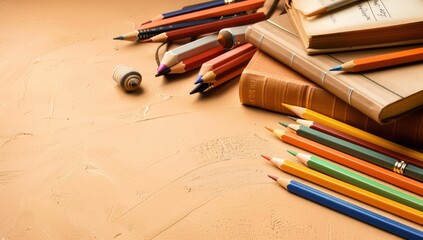 Obraz premium Light sienna background with books and pencils, arranged for a commercial photo with space for text