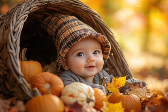 An adorable baby boy dressed in a pilgrim hat, sitting inside a large cornucopia filled with small pumpkins and fall leaves. Thanksgiving theme.