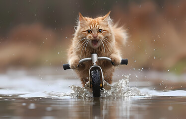 Cat biking over water