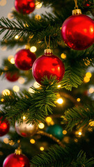 Red Christmas ornaments hanging on a tree