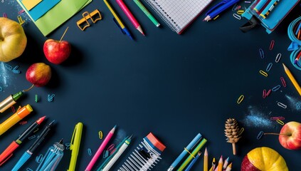 Midnight blue background with a vibrant array of school supplies, ideal for a stylish educational setup