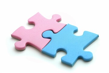 Obraz premium Two puzzles, pink and blue, matching each other on a white background symbolize the relationship between two people.