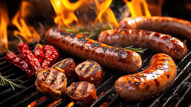 A selection of sausages on a grill, including bratwurst and chorizo, with a background of sizzling flames