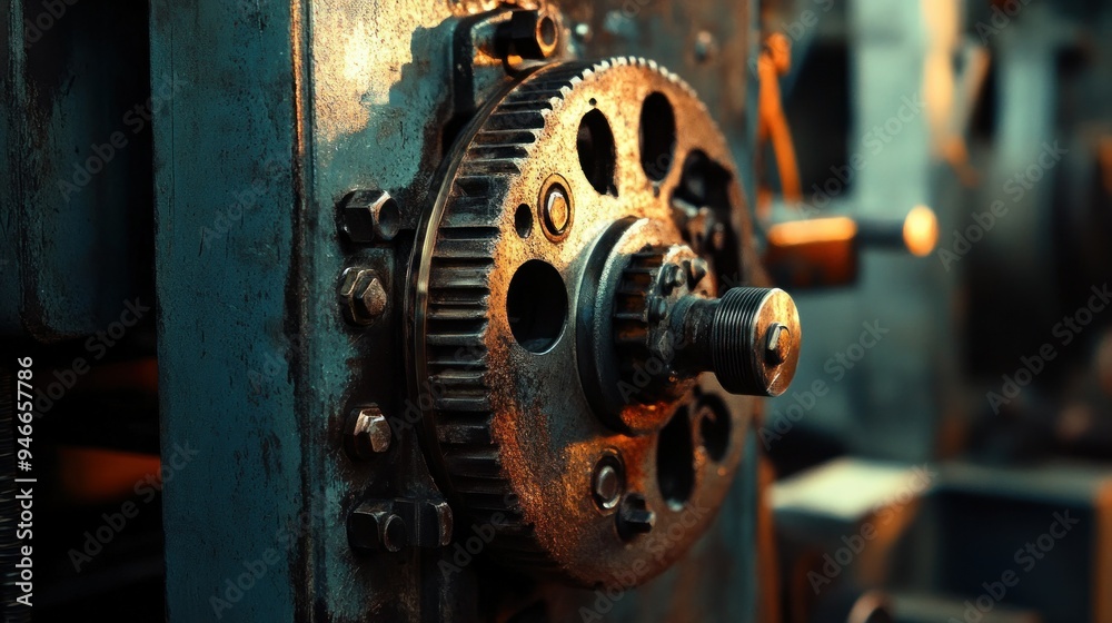 Poster close-up of a rusted gear and bolt on a machine