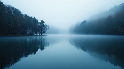 Fototapeta premium Drifting fog over a still lake at dawn, foggy weather, calm and ethereal.