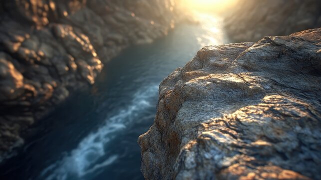A beautifully lit rocky canyon with a serene flowing river captured at dawn, exuding calm and natural beauty in a picturesque environment with warm sunlight. - Powered by Adobe