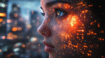 This artwork showcases a persons profile bathed in holographic lights, reflecting a neon-lit cityscape filled with vibrant colors and dynamic patterns.