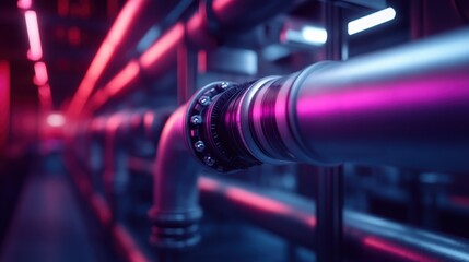 A stylized image of a piping network with neon highlights providing a futuristic ambiance, emphasizing the industrial precision and complexity required in modern engineering.