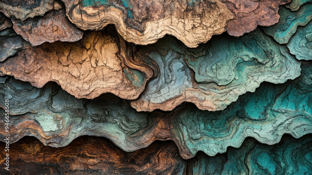 Aufkleber Abstract Texture of Layered Rock Formations with Wavy Edges and Intricate Patterns in Shades of Brown, Teal, and Blue