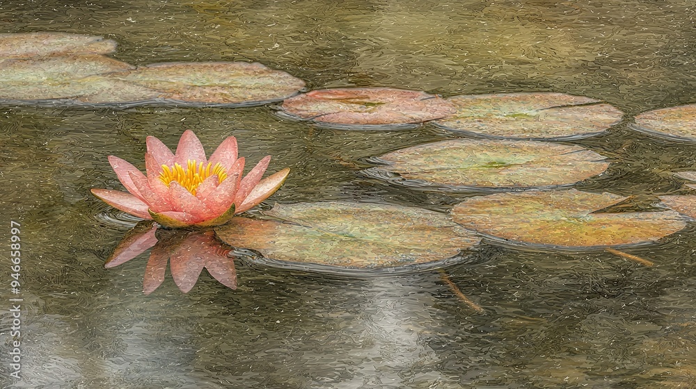 Sticker water lily on water with lily pads below