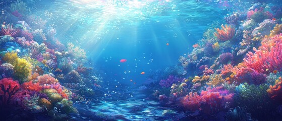 Obraz premium Underwater Scene with Sunbeams and Colorful Coral Reef