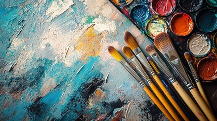 Obraz premium A selection of paintbrushes, acrylic paints, and a palette laid out on a craft table, ready for use