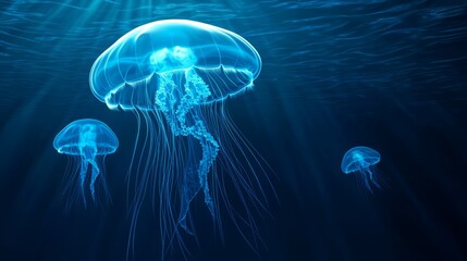 Glowing jellyfish in deep blue ocean, illuminating their surroundings, underwater glowtime, captivating and surreal marine life