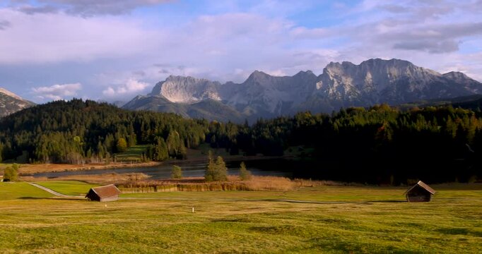 Aerial view of scenic landscape of fields at Garmisch-Partenkirchen in Germany