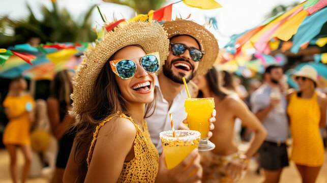 A couple enjoys playful conversation over bright, colorful drinks in a lively, trendy cafe. Surrounded by chic decor, the vibrant atmosphere enhances their joyous interaction.