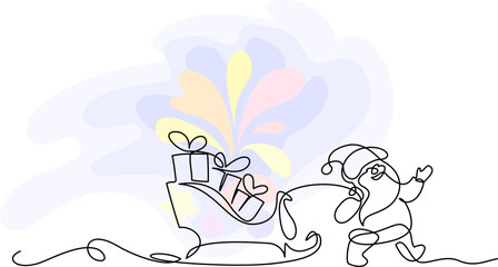 Fototapeta premium Little Santa carrying sleigh with gifts boxes. Continuous one line drawing.