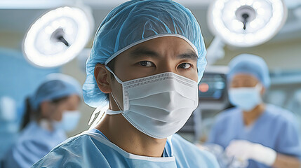Confident surgeon in operating room with medical team performing surgery