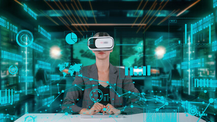Businesswoman selecting network information world market graph analysis VR future global innovation business interface digital infographic network technology virtual hologram at server. Contraption.