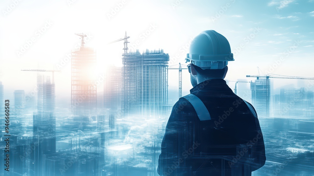 Wall mural A construction worker observing urban development with cranes in the background, showcasing modern architecture and progress.