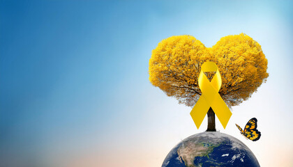 Yellow ribbon  on heart tree with butterfly on Earth planet. International World Suicide Prevention Day