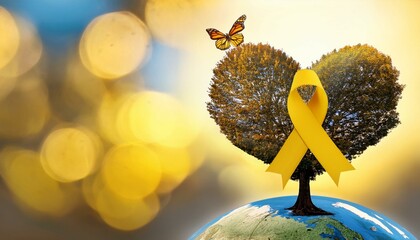Yellow ribbon  on heart tree with butterfly on Earth planet. International World Suicide Prevention Day
